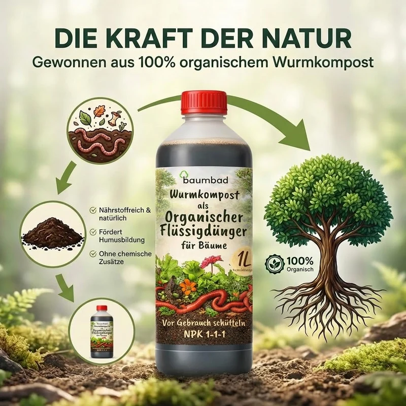 baumbad Flüssigdünger Vermicompost 1 Liter / Wurmkompost Baum Dünger NPK 1-1-1