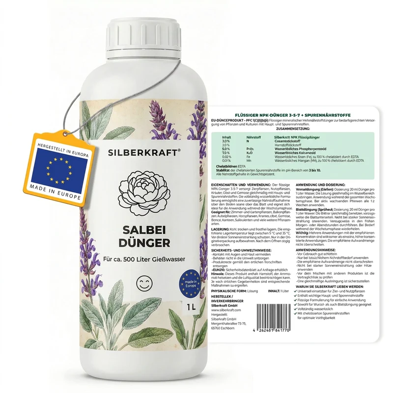 Salbei Dünger - Mineralischer NPK Flüssigdünger mit Stickstoff - Dünger für Salbei - Salvia officinalis Dünger