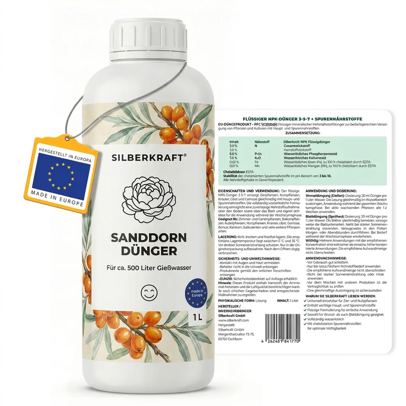 Sanddorn Dünger - Mineralischer NPK Flüssigdünger mit Stickstoff - Dünger für Sanddorn - Hippophae rhamnoides Dünger