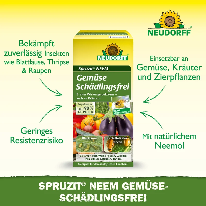 Neudorff Spruzit NEEM GemüseSchädlingsfrei gegen Blattläuse, Kartoffelkäferlarven, Weiße Fliege, Zikaden, Minierfliegen, Raupen, Thripse