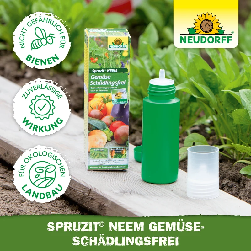 Neudorff Spruzit NEEM GemüseSchädlingsfrei gegen Blattläuse, Kartoffelkäferlarven, Weiße Fliege, Zikaden, Minierfliegen, Raupen, Thripse