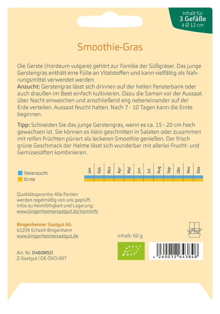 BIO Saatgut Smoothie-Gras Sommergerste Pirona