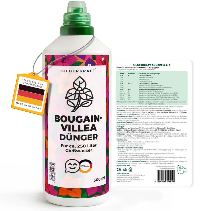 Bougainvilleadünger – Mineralischer NPK Flüssigdünger mit Stickstoff – Dünger für Bougainvillea – Mediterrane Kletterpflanzen-Dünger“ Wichtige Keywords: Bougainvillea Dünger, Drillingsblume Dünger
