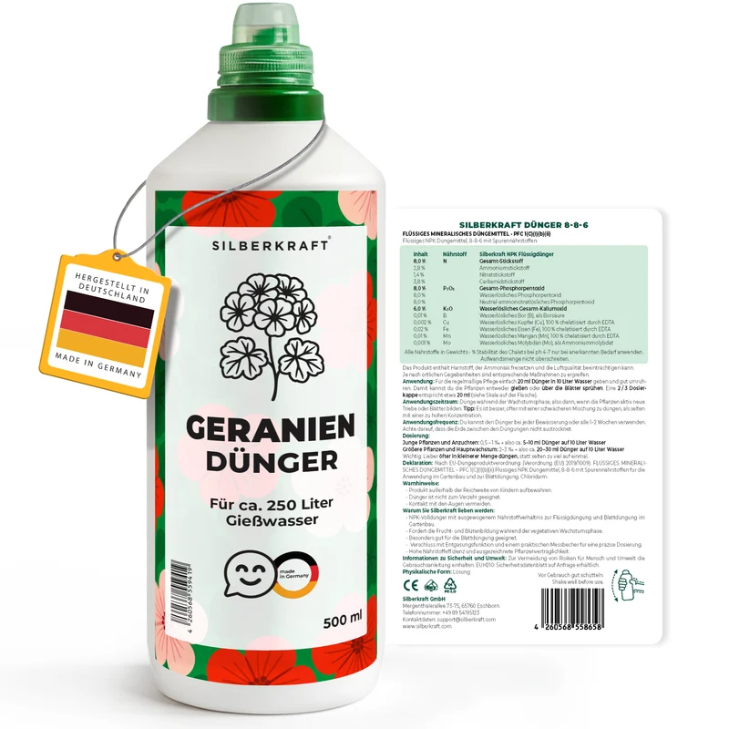 Geraniendünger – Mineralischer NPK Flüssigdünger mit Stickstoff – Dünger für Geranien (Pelargonien) – Balkonpflanzen-Dünger