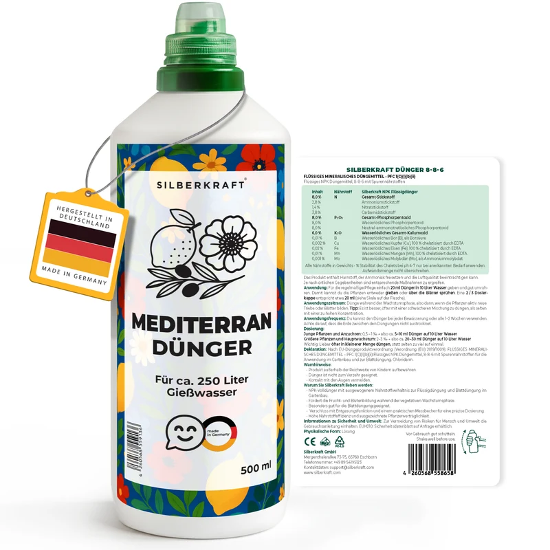 Mediterrandünger – Mineralischer NPK Flüssigdünger mit Stickstoff – Dünger für mediterrane Pflanzen – Zitruspflanzen- & Kübelpflanzen-Dünger