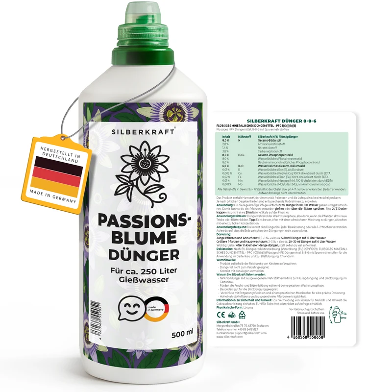 Passionsblumendünger – Mineralischer NPK Flüssigdünger mit Stickstoff – Dünger für Passionsblumen (Passiflora) – Kletterpflanzen-Dünger