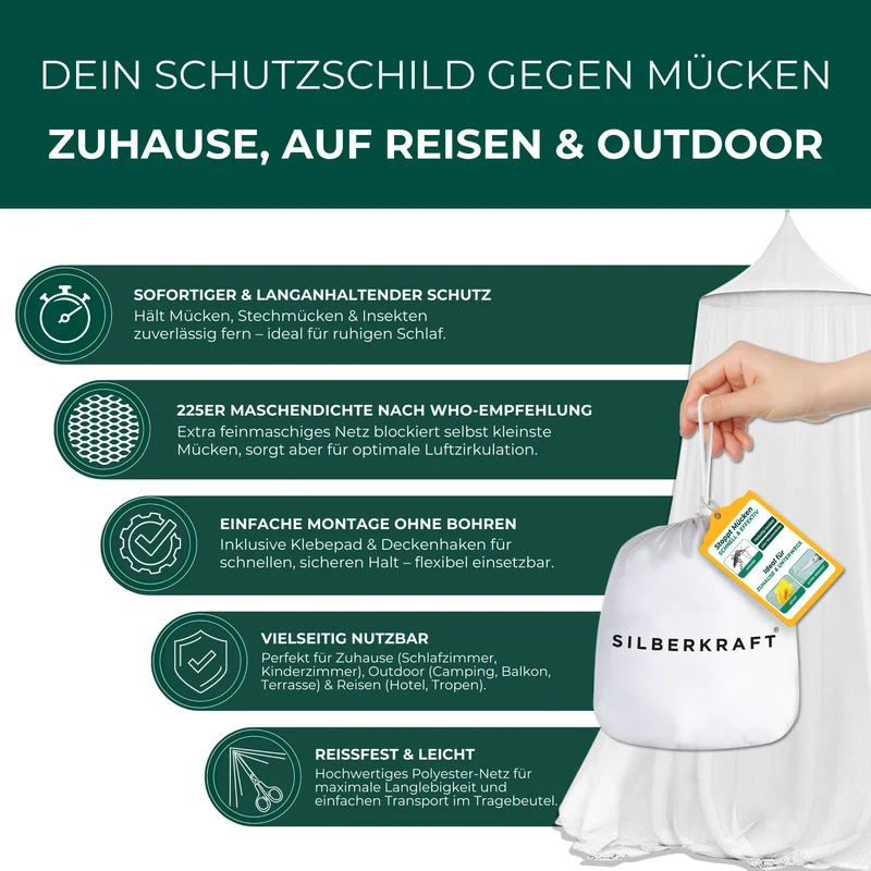 Moskitonetz mit Klebehaken fürs Bett, Reisen, Outdoor und Camping