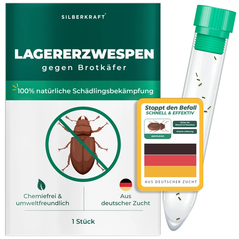 Lagererzwespen gegen Brotkäfer, Tabakkäfer, Kugelkäfer, Messingkäfer (Lariophagus distinguendes, Anisopteromalus calandrae)