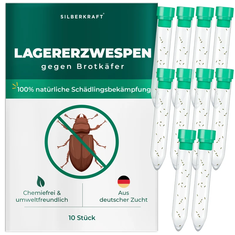 Lagererzwespen gegen Brotkäfer, Tabakkäfer, Kugelkäfer, Messingkäfer (Lariophagus distinguendes, Anisopteromalus calandrae)