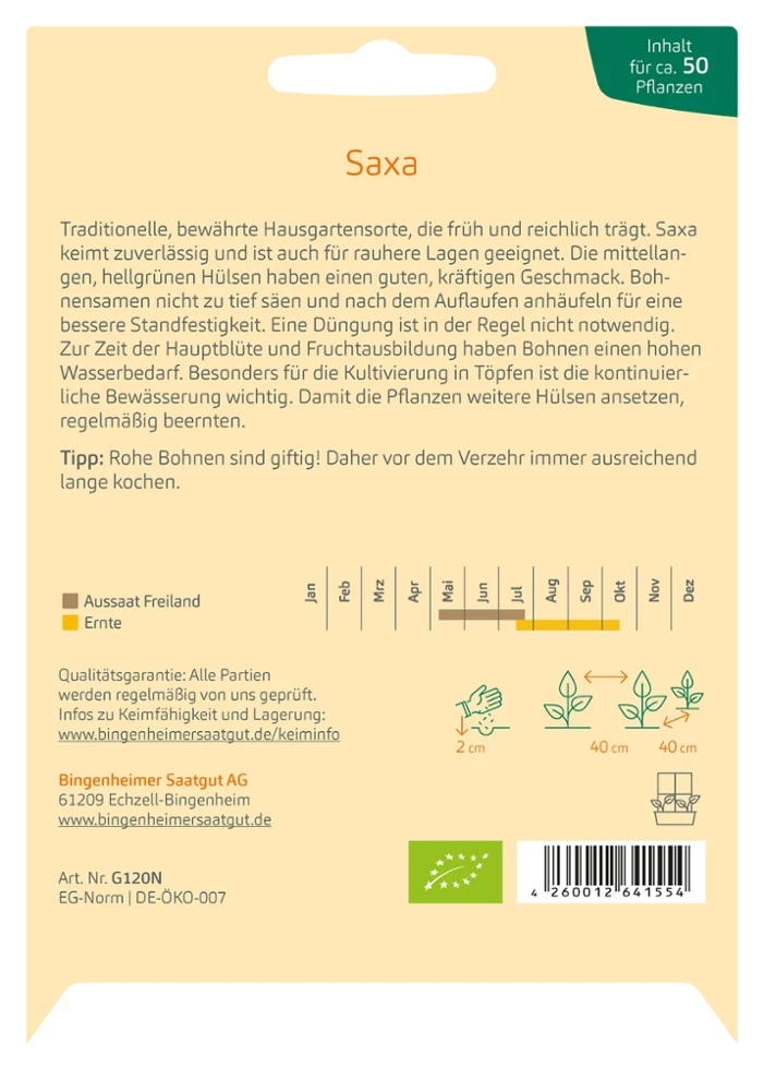BIO Saatgut Buschbohne Saxa