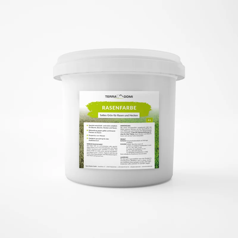 TerraDomi Rasenfarbe | grüne Farbe gegen braune und gelbe Stellen | für Hecken und Rasen