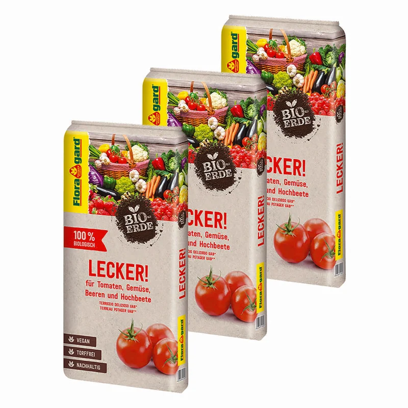 Floragard Bio-Erde Lecker - Tomaten, Gemüse, Beeren & Hochbeete - 3x20l Vorteilspaket