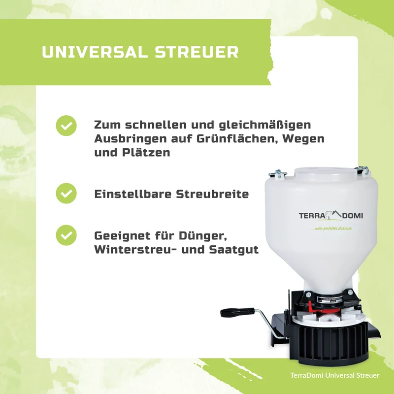 TerraDomi Universal Streuer | Streugerät für Dünger, Saatgut & Streusalz | 9L Behälter