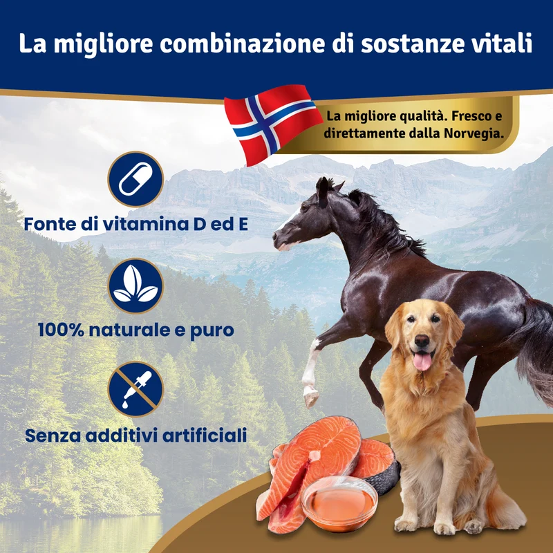 Olio di Salmone per Cani & Cavalli 1L – Omega 3 e Vitamina E