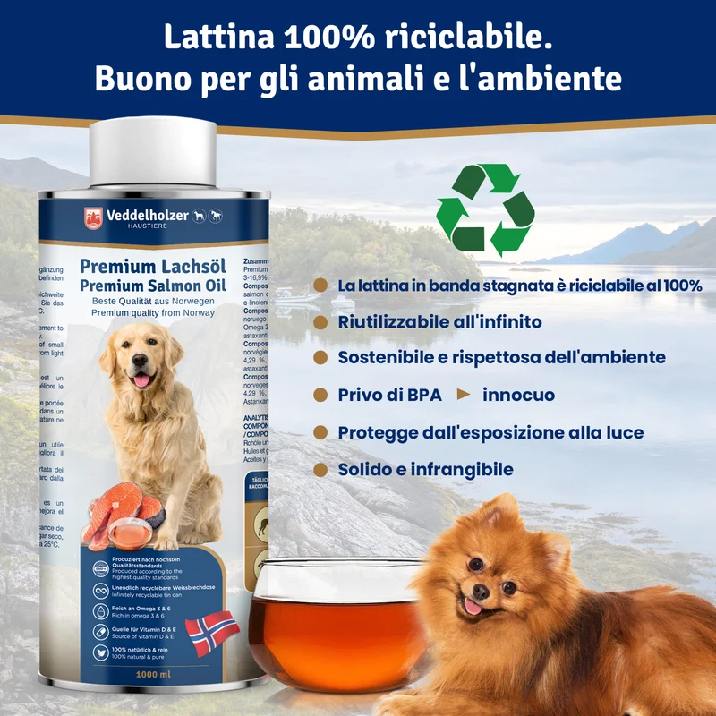 Olio di Salmone per Cani & Cavalli 1L – Omega 3 e Vitamina E