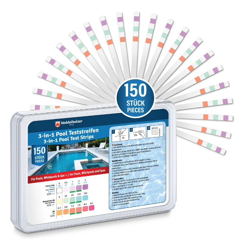 3-in-1 Pool Teststreifen 150 Stück – pH, Chlor, Alkalinität