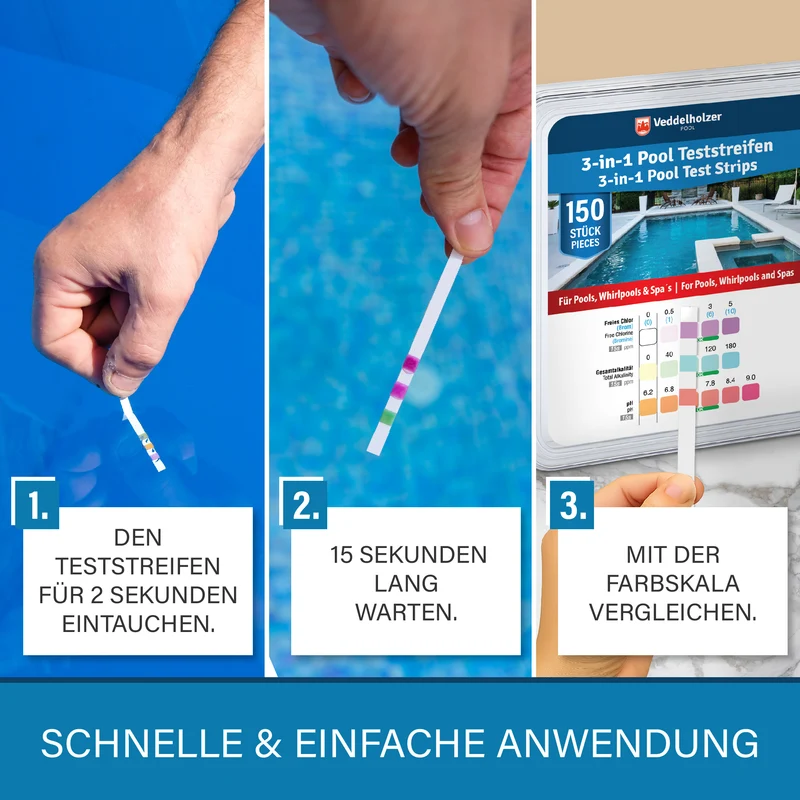 3-in-1 Pool Teststreifen 150 Stück – pH, Chlor, Alkalinität