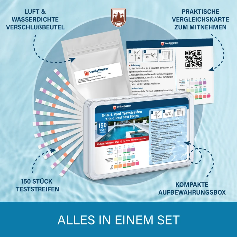 3-in-1 Pool Teststreifen 150 Stück – pH, Chlor, Alkalinität
