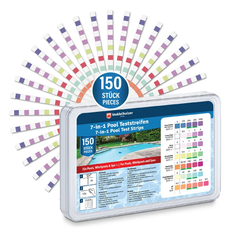7-in-1 Pool Teststreifen 150 Stück – pH, Chlor, Brom & Härte