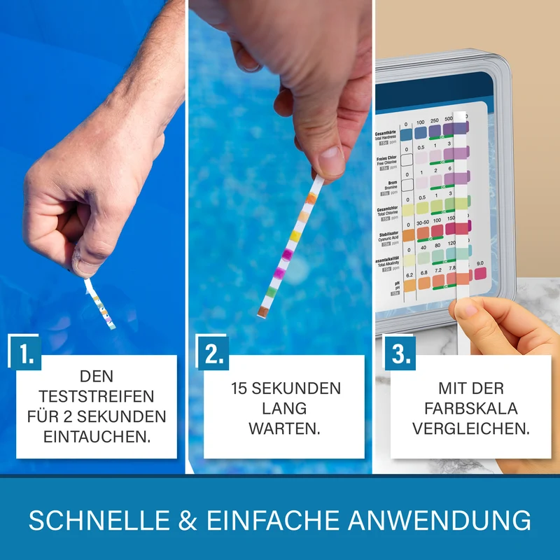 7-in-1 Pool Teststreifen 150 Stück – pH, Chlor, Brom & Härte