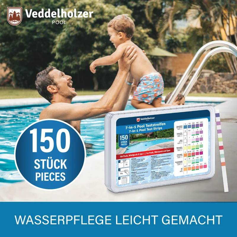 7-in-1 Pool Teststreifen 150 Stück – pH, Chlor, Brom & Härte