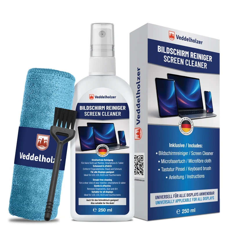 Bildschirmreiniger Set 250ml – mit Mikrofasertuch & Pinsel