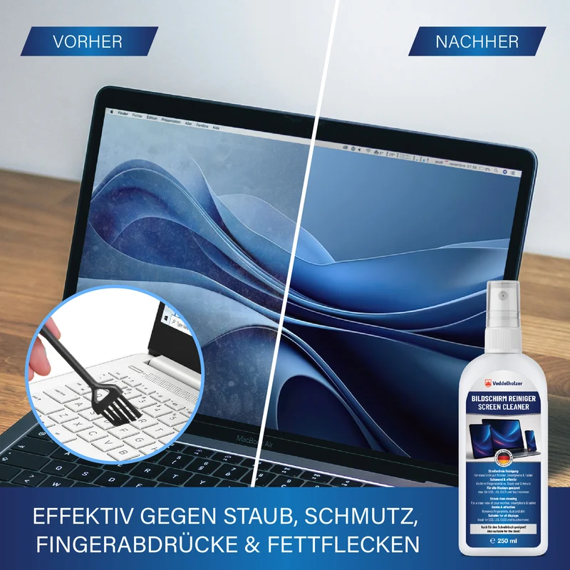 Bildschirmreiniger Set 250ml – mit Mikrofasertuch & Pinsel