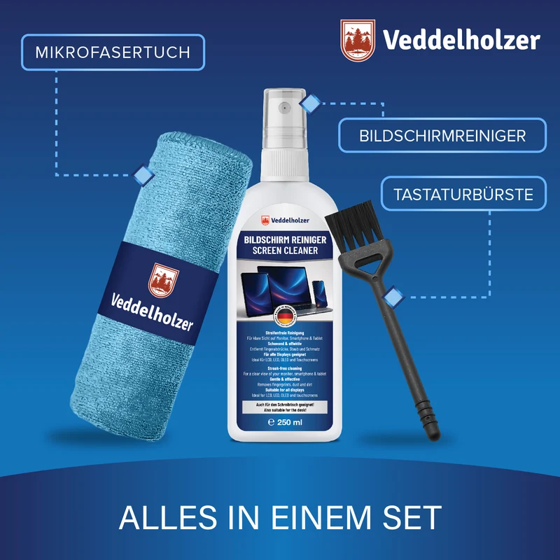 Bildschirmreiniger Set 250ml – mit Mikrofasertuch & Pinsel