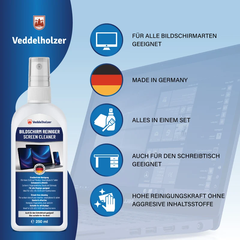 Bildschirmreiniger Set 250ml – mit Mikrofasertuch & Pinsel