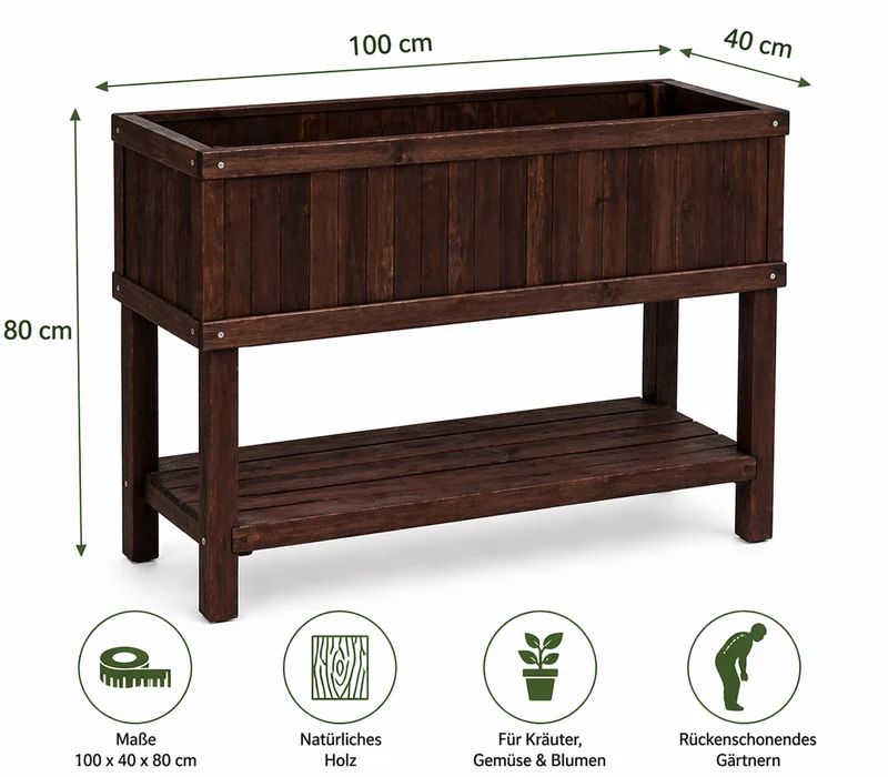 Holz Hochbeet 100x40x80 cm Braun – Kräuterbeet für Balkon & Terrasse