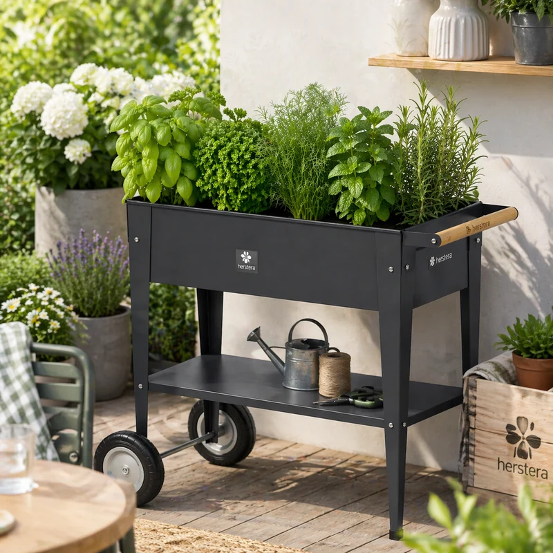 Herstera Urban Garden Trolley 75x35x80 cm – Hochbeet auf Rädern für Balkon & Terrasse