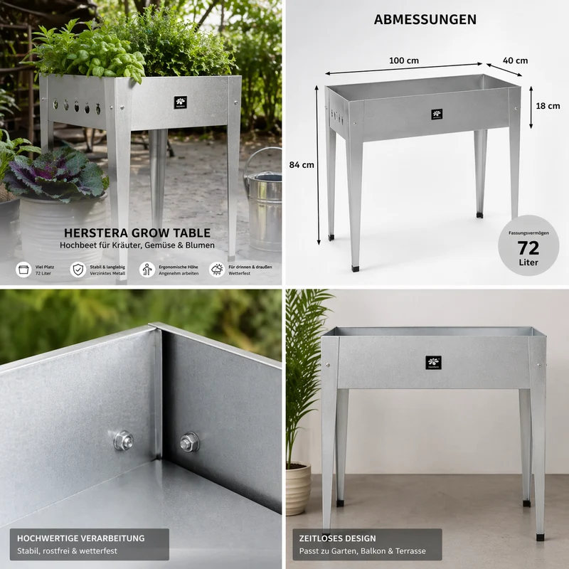 Herstera Hochbeet Metall Urban 100x40x84 cm – Grow Table für Balkon & Garten