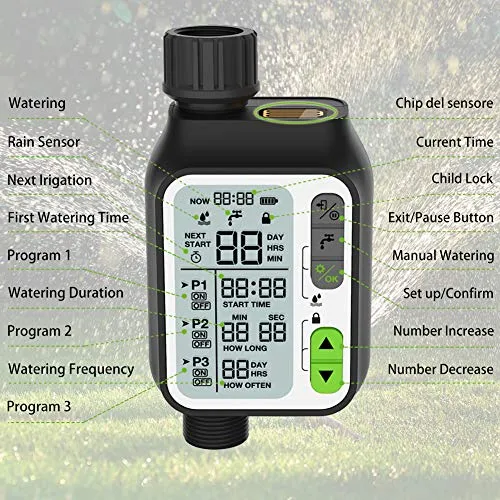 Kazeila Bewässerungscomputer,Automatische Wasser Timer mit 3 Separaten Bewässerungssystem/Automatische Regensensor/Kindersicherungsmodus / 3" LC-Display Garten Sprinkleruhr Bewässerungssystem