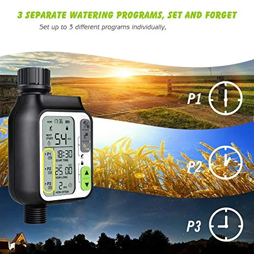 Kazeila Bewässerungscomputer,Automatische Wasser Timer mit 3 Separaten Bewässerungssystem/Automatische Regensensor/Kindersicherungsmodus / 3" LC-Display Garten Sprinkleruhr Bewässerungssystem