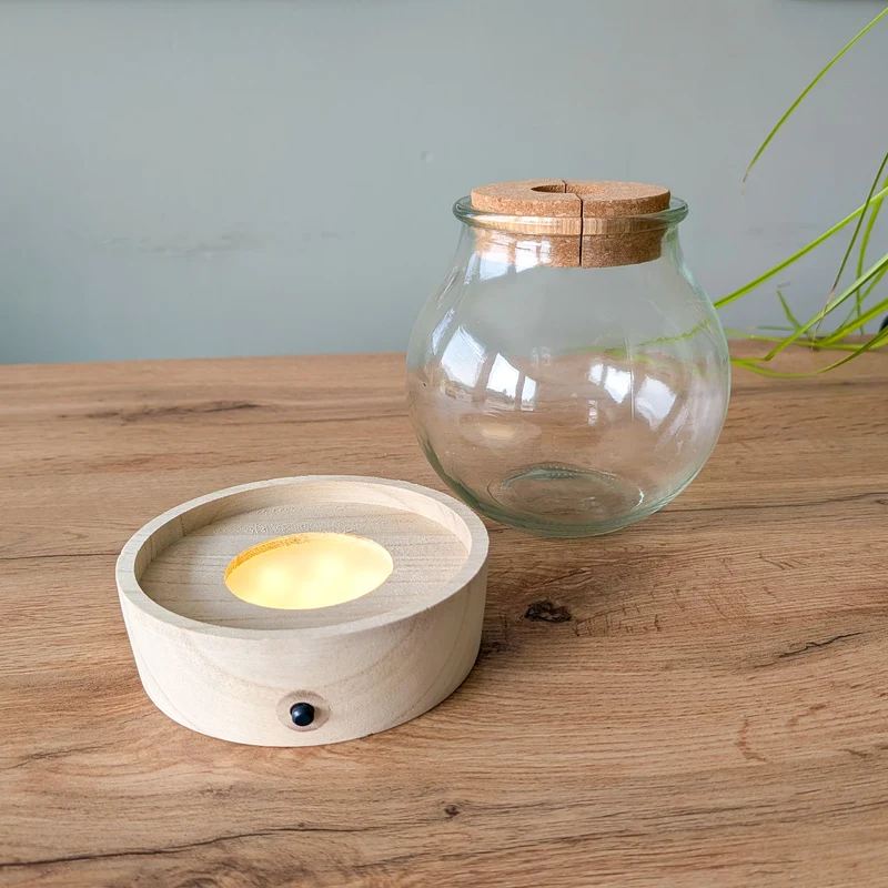 Vase mit beleuchtetem Holzständer